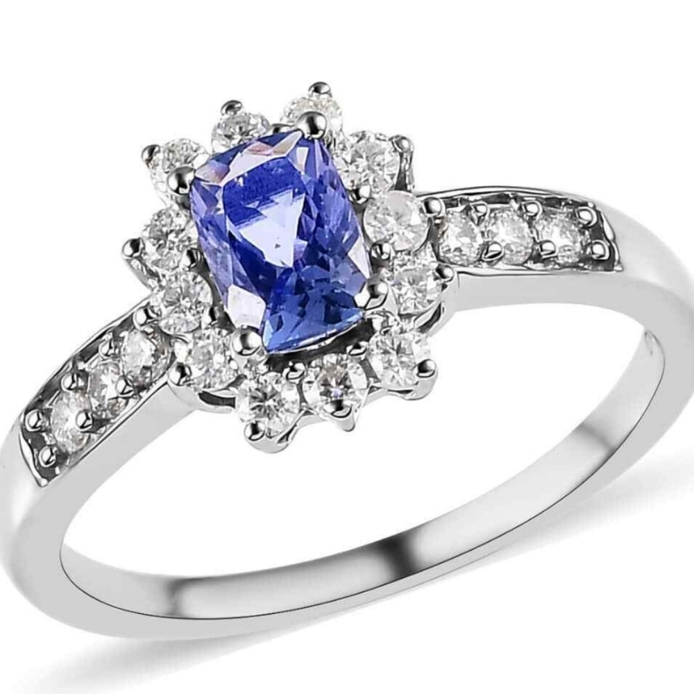 Genuine Tanzanite & Moissanite Ring. Platinum/ Sterling Silver Sz 6!